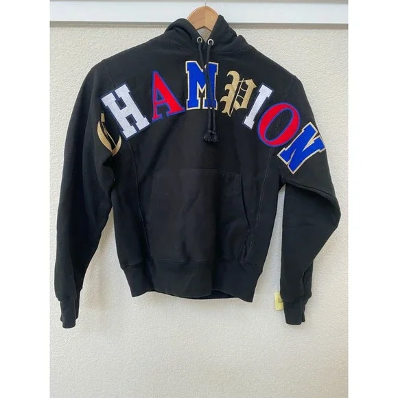 Champion Reverse Weave Black Hoodie Men's Small Sweatshirt Spell Out Logo - Picture 1 of 9